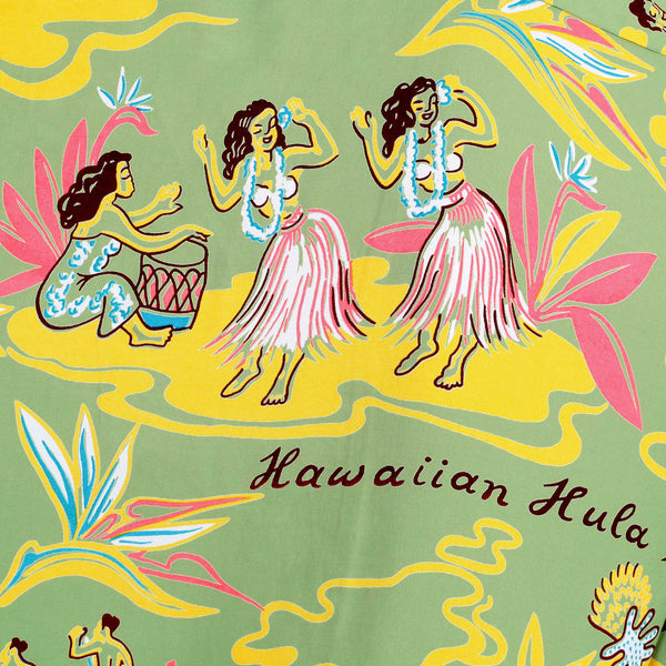 Mens Hawaiian Hula Print SS37771 Green Rayon Hawaiian Shirt SURF8586