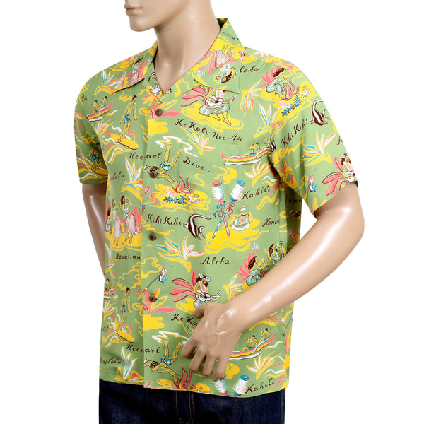 Mens Hawaiian Hula Print SS37771 Green Rayon Hawaiian Shirt SURF8586