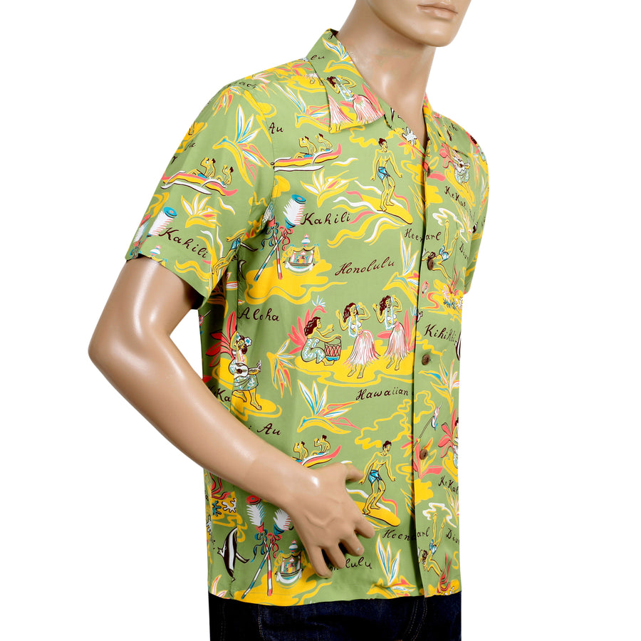 Mens Hawaiian Hula Print SS37771 Green Rayon Hawaiian Shirt SURF8586