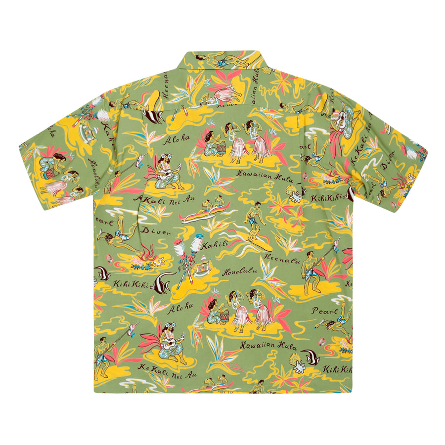Mens Hawaiian Hula Print SS37771 Green Rayon Hawaiian Shirt SURF8586