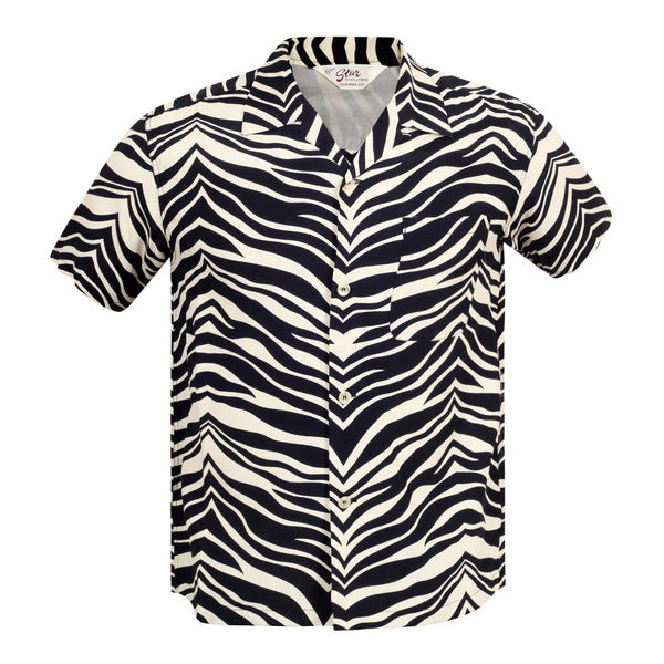Short Sleeve SH37879 Rayon Zebra Printed Black Hawaiian Shirt SoH8663