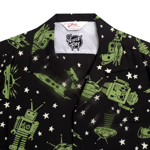 Vince Ray SH37591 Space Rockets Black Rayon Hawaiian Shirt SoH9044