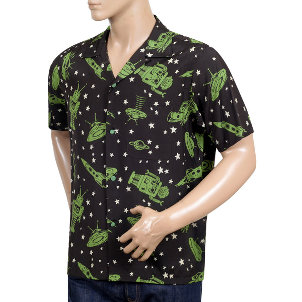 Vince Ray SH37591 Space Rockets Black Rayon Hawaiian Shirt SoH9044