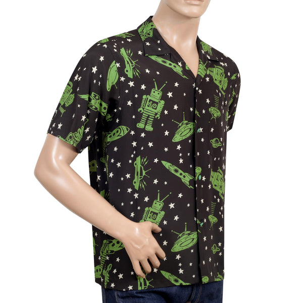 Vince Ray SH37591 Space Rockets Black Rayon Hawaiian Shirt SoH9044