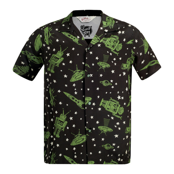 Vince Ray SH37591 Space Rockets Black Rayon Hawaiian Shirt SoH9044