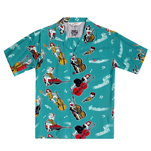 Blue SH38114 Hawaiian Shirt with Double Bass Pinups Print SoH10091