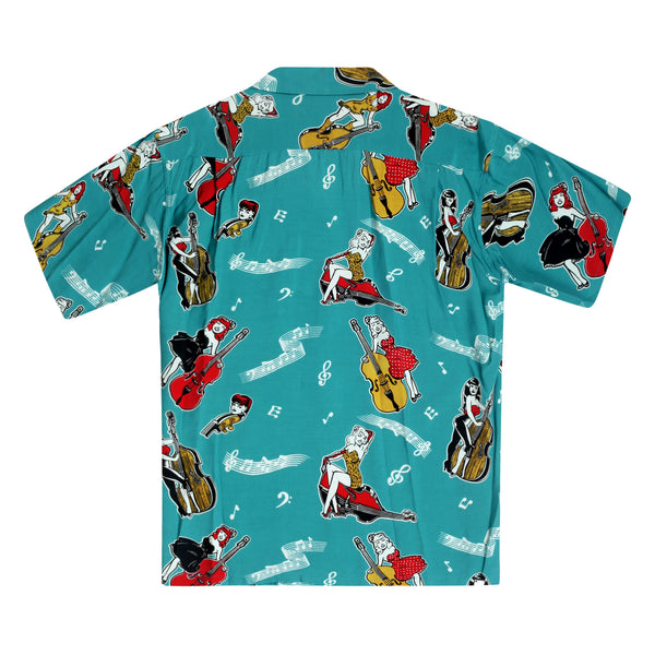 Blue SH38114 Hawaiian Shirt with Double Bass Pinups Print SoH10091