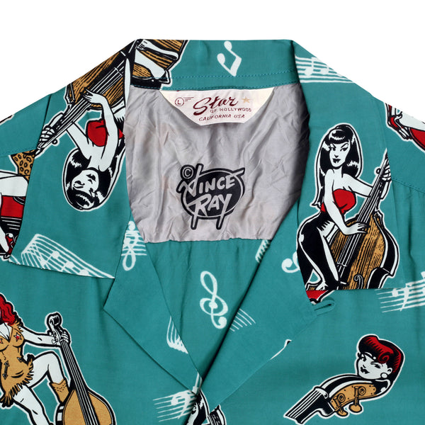 Blue SH38114 Hawaiian Shirt with Double Bass Pinups Print SoH10091