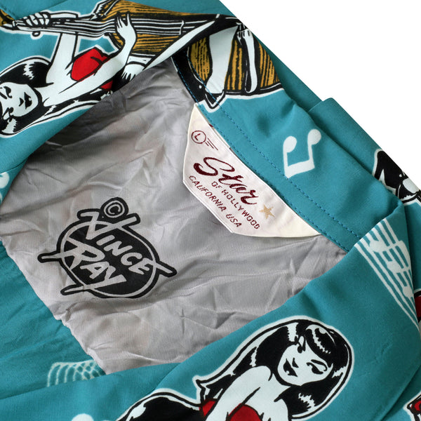 Blue SH38114 Hawaiian Shirt with Double Bass Pinups Print SoH10091