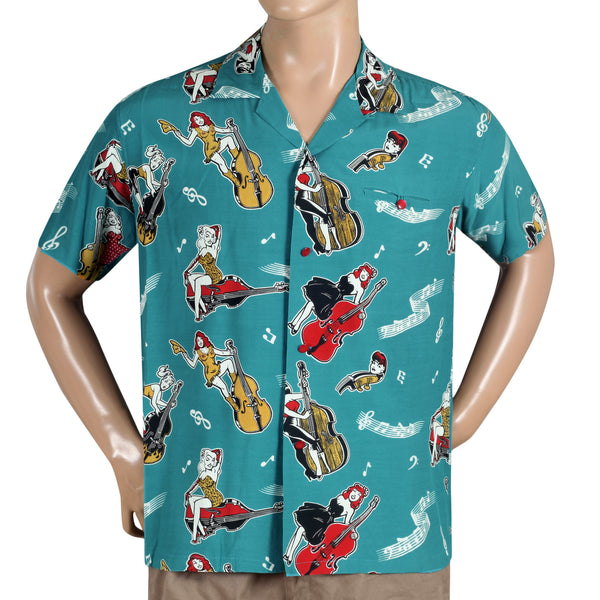 Blue SH38114 Hawaiian Shirt with Double Bass Pinups Print SoH10091