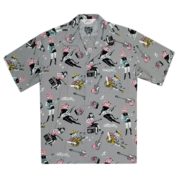 Girls N Guitars Print SH38375 Rayon Made Grey Hawaiian Shirt SoH11080