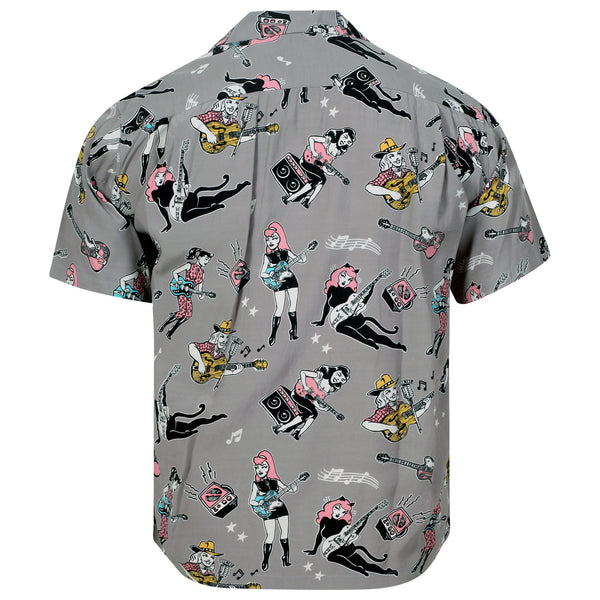 Girls N Guitars Print SH38375 Rayon Made Grey Hawaiian Shirt SoH11080