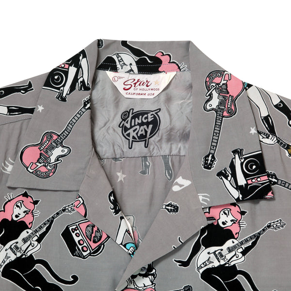Girls N Guitars Print SH38375 Rayon Made Grey Hawaiian Shirt SoH11080