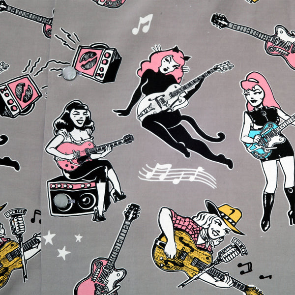 Girls N Guitars Print SH38375 Rayon Made Grey Hawaiian Shirt SoH11080