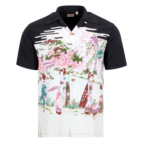 Black SS38030 Old Japanese Scenery Printed Hawaiian Shirt SURF10086