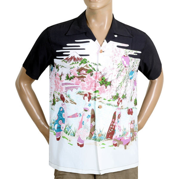 Black SS38030 Old Japanese Scenery Printed Hawaiian Shirt SURF10086