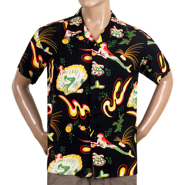 Black Mermaid Print SS38031 Hawaiian Shirt with Cuban Collar SURF10087