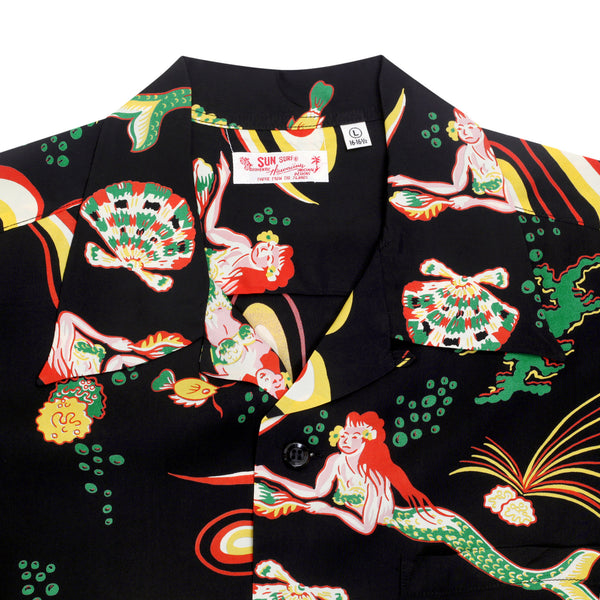 Black Mermaid Print SS38031 Hawaiian Shirt with Cuban Collar SURF10087