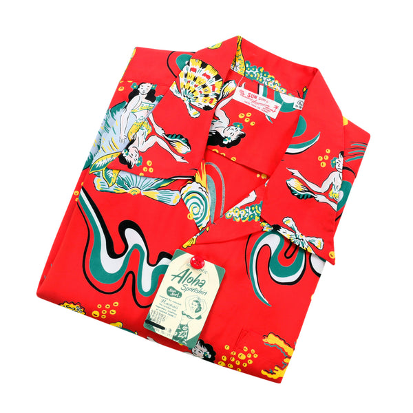 Red Mermaid Print SS38031 Hawaiian Shirt with Cuban Collar SURF10088