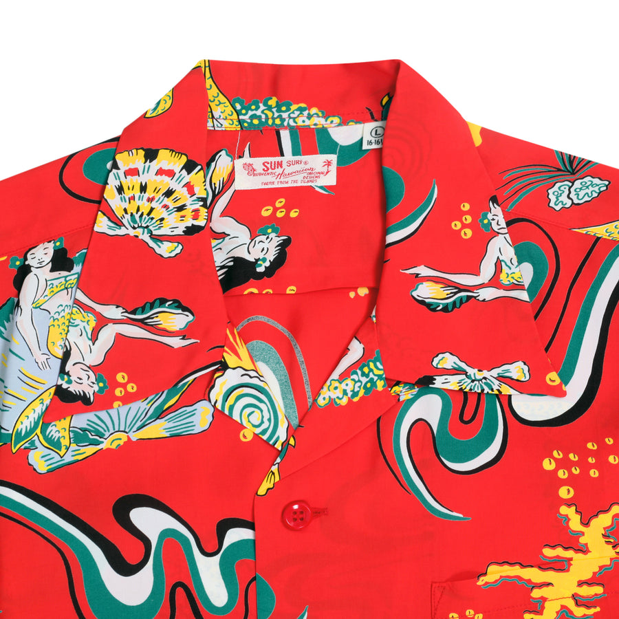 Red Mermaid Print SS38031 Hawaiian Shirt with Cuban Collar SURF10088