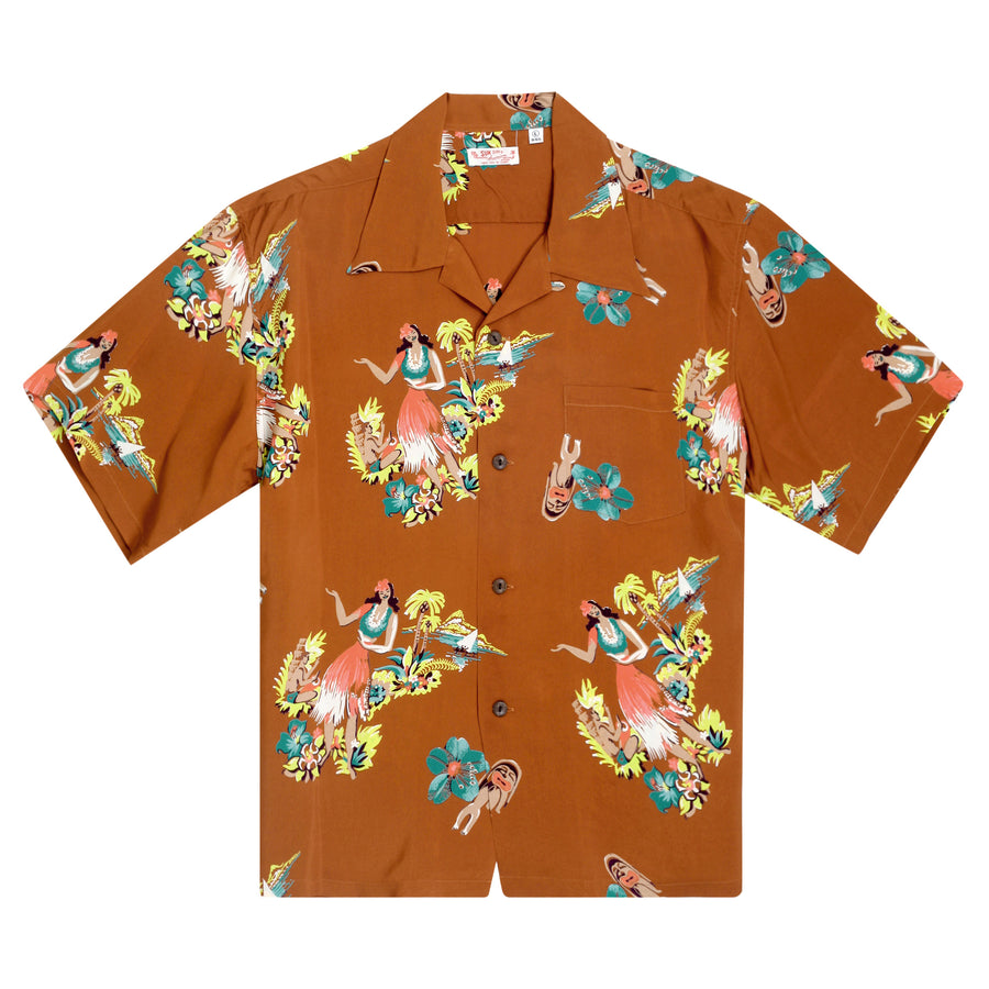 Being To Dance Hula Printed SS38033 Brown Hawaiian Shirt SURF10089