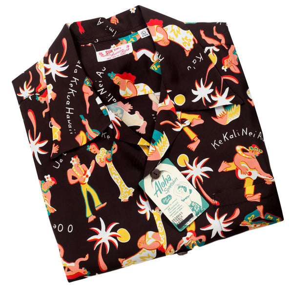 Fun Island of Hawaii SS38040 Rayon Brown Black Hawaiian Shirt SURF10266