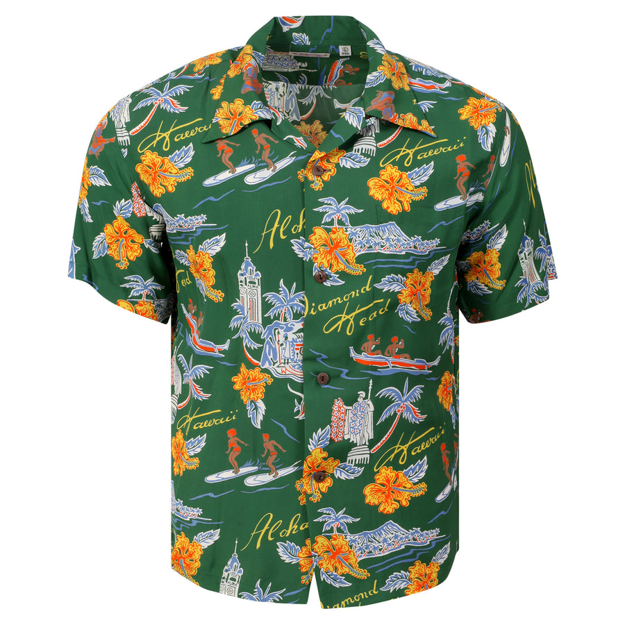 Aloha Hawaii Rayon Made SS38313 Green Hawaiian Shirt SURF11088