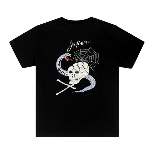Skull and Snake Embroidered TT78244 Crew Neck Black T-shirt TT10076