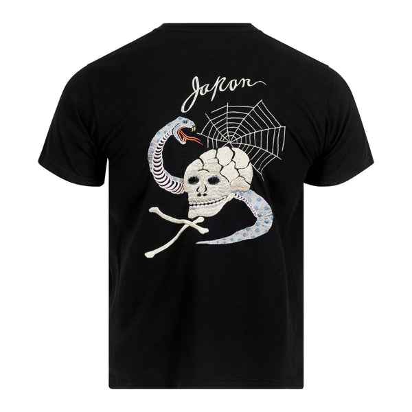 Skull and Snake Embroidered TT78244 Crew Neck Black T-shirt TT10076
